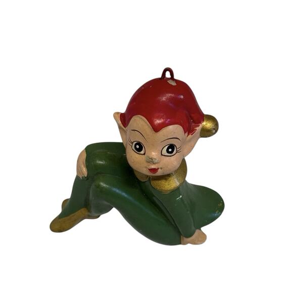 1950s Christmas Seated Pixie Elf Ceramic Ornament Red Hair Green Outfit Japan - Picture 11 of 11